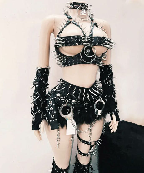 Unleash Your Power: Spiked Goth Punk Faux Leather Harness Bra Top - Ultimate Halloween, Rave & Festival Statement