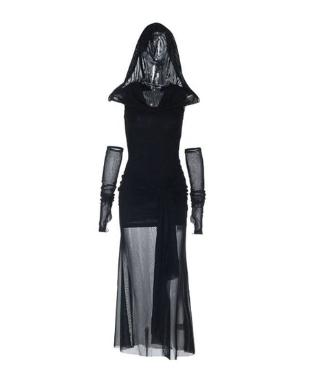 Midnight Raven Hooded Mesh Maxi Dress - Gothic Glamour for Halloween & Fall