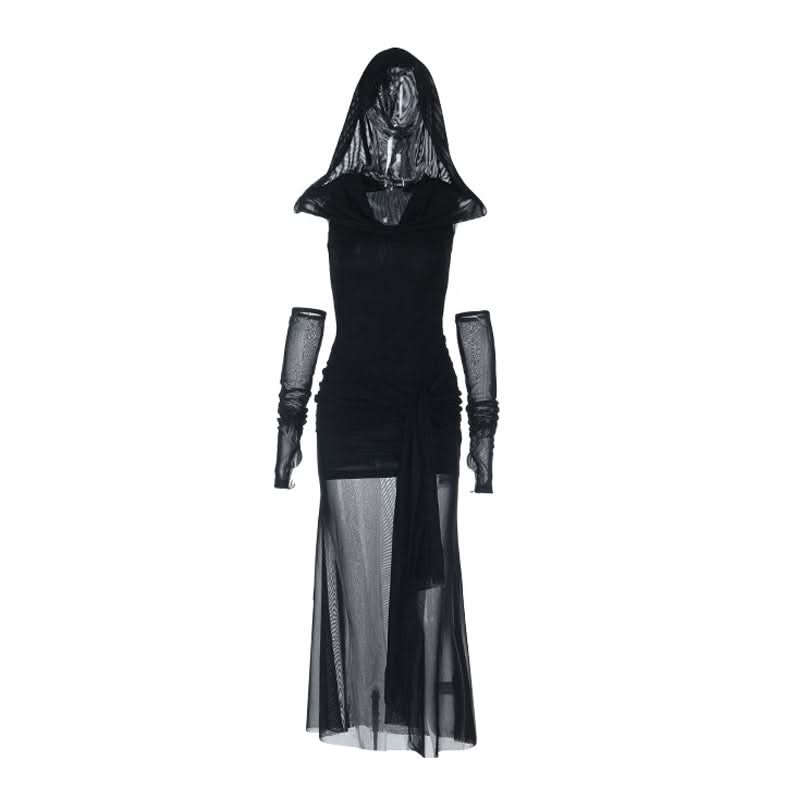 Midnight Raven Hooded Mesh Maxi Dress - Gothic Glamour for Halloween & Fall
