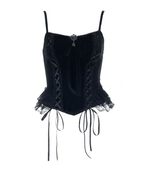 Bewitching Black Velvet Corset Cami Top - Gothic Lace-Up Style for Fall & Halloween