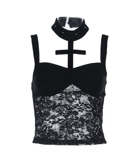 Dark Romance Black Lace & Velvet Cross Corset Top - Spooky Season & Fall Fashion Essential