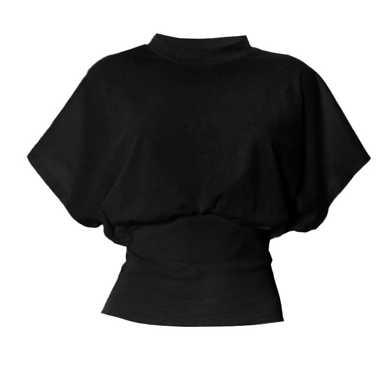 Effortless Fall Chic: Women's Mock Neck Dolman Sleeve Cotton Top with Ruched Waist