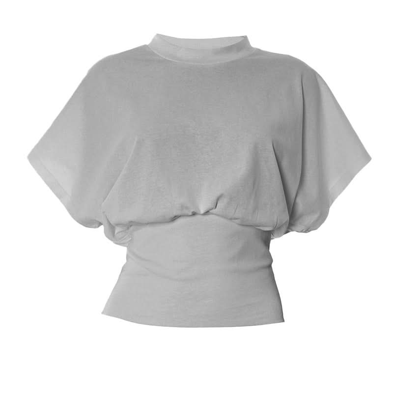Effortless Fall Chic: Women's Mock Neck Dolman Sleeve Cotton Top with Ruched Waist