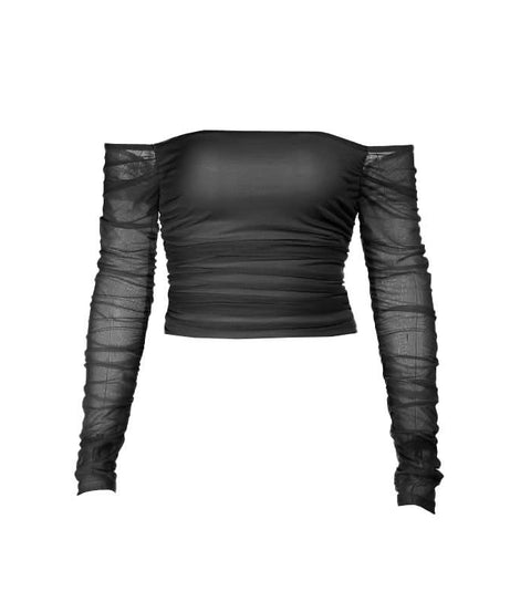 Chic Fall Nights: Off-Shoulder Ruched Mesh Long Sleeve Crop Top