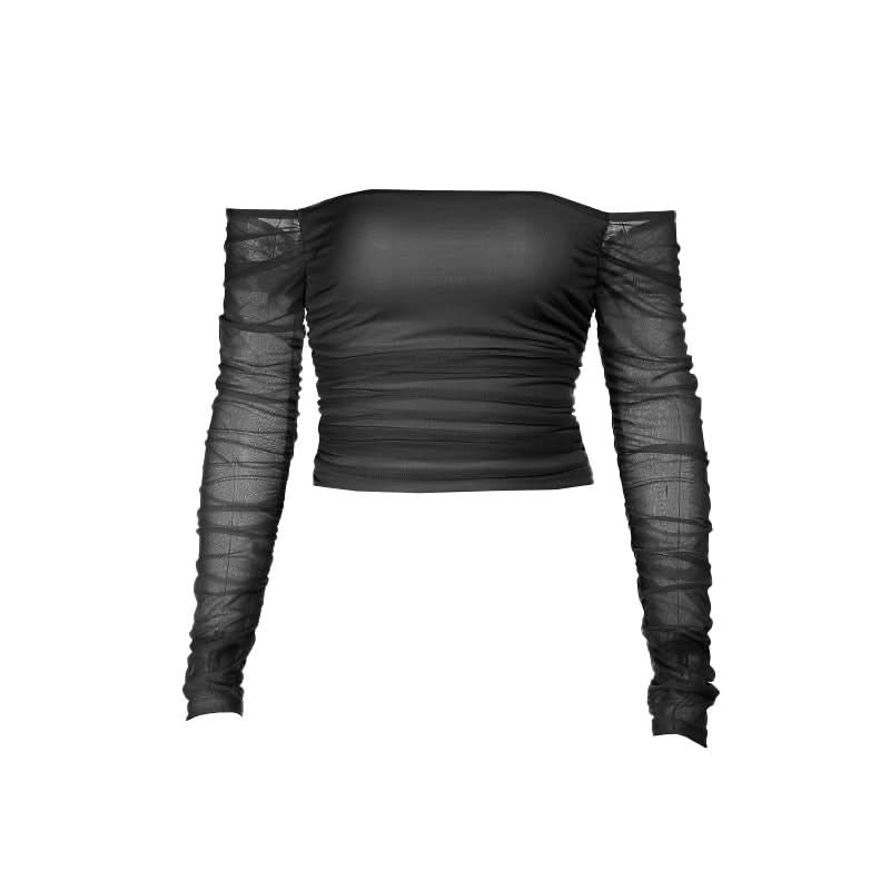 Chic Fall Nights: Off-Shoulder Ruched Mesh Long Sleeve Crop Top