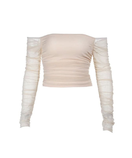 Chic Fall Nights: Off-Shoulder Ruched Mesh Long Sleeve Crop Top