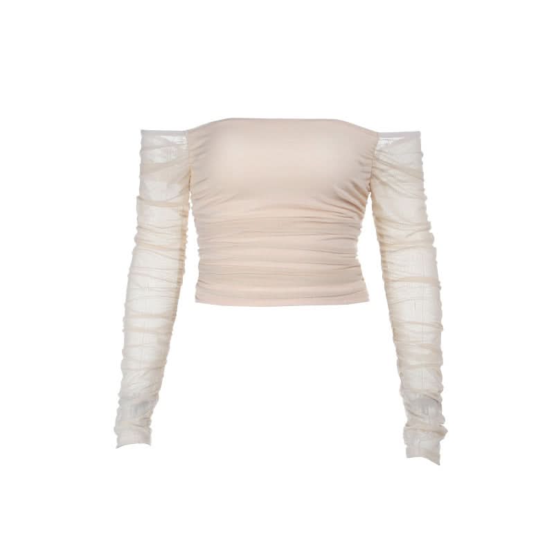 Chic Fall Nights: Off-Shoulder Ruched Mesh Long Sleeve Crop Top
