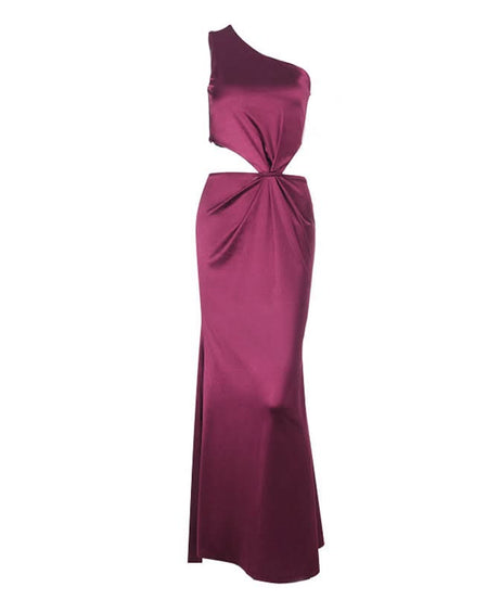 Elegant Wine Satin One-Shoulder Cutout Maxi Dress - Fall & Holiday Party Ready