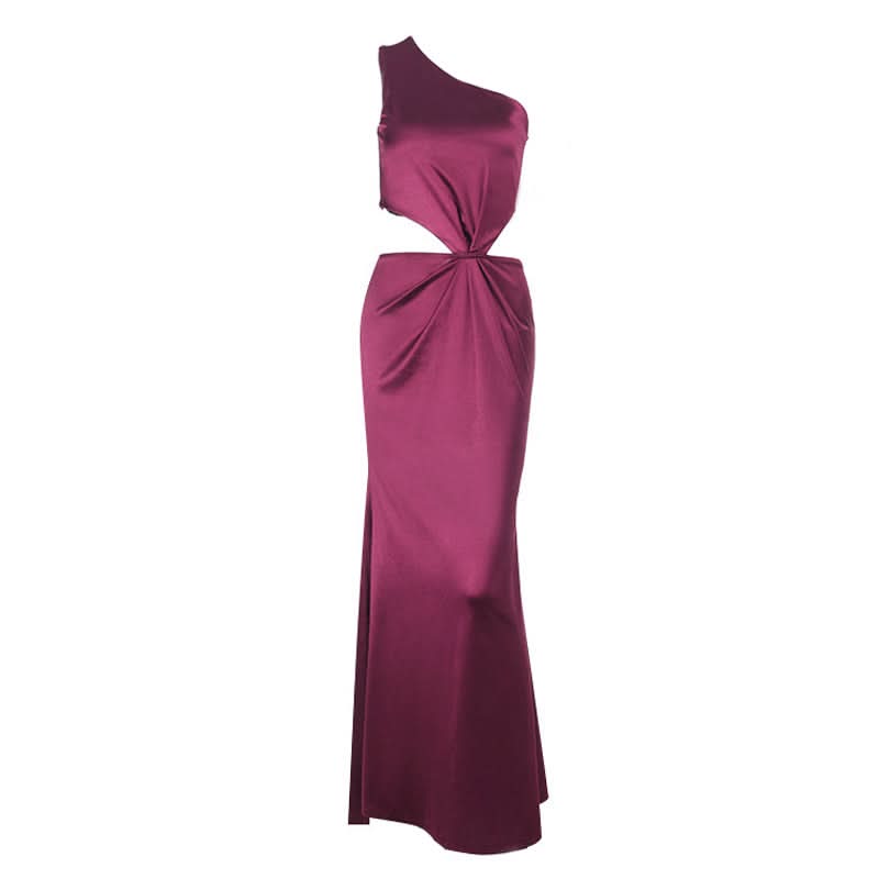 Elegant Wine Satin One-Shoulder Cutout Maxi Dress - Fall & Holiday Party Ready