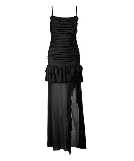 Alluring Black Ruched Ruffle Slit Maxi Dress - Your Go-To for Fall & Holiday Parties