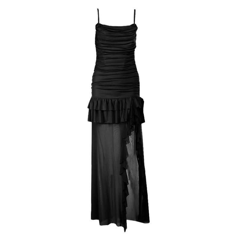 Alluring Black Ruched Ruffle Slit Maxi Dress - Your Go-To for Fall & Holiday Parties