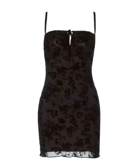 Chic Velvet Floral Mini Dress: Square Neck Tie-Front Bodycon for Fall & Holiday Parties
