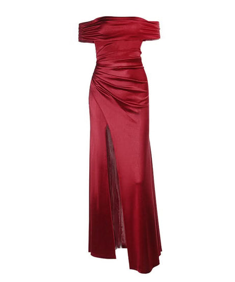 Lustrous Red Off-Shoulder Ruched Slit Maxi Gown | Your Showstopping Holiday & Gala Dress