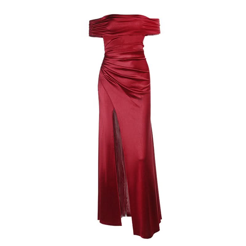 Lustrous Red Off-Shoulder Ruched Slit Maxi Gown | Your Showstopping Holiday & Gala Dress