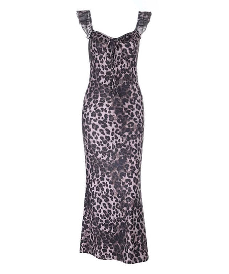Fierce Fall Style: Women's Leopard Print Ruffle Tie-Neck Maxi Dress - Holiday & Date Night Ready