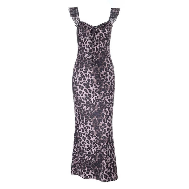 Fierce Fall Style: Women's Leopard Print Ruffle Tie-Neck Maxi Dress - Holiday & Date Night Ready