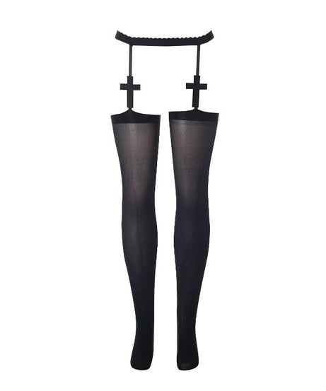 Edgy Cross Garter Thigh-High Stockings - Gothic Alt Fashion for Halloween & Fall