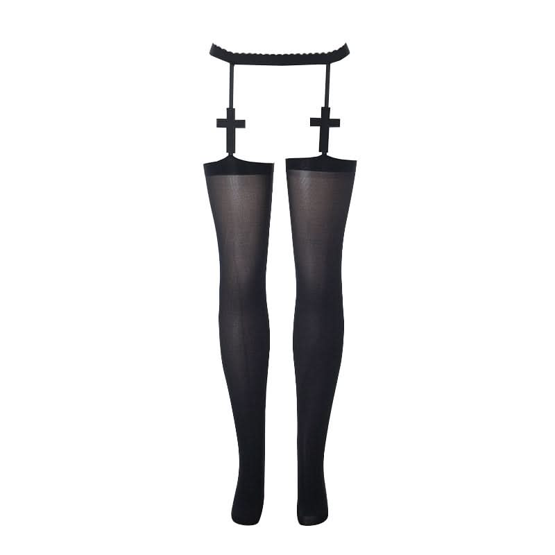 Edgy Cross Garter Thigh-High Stockings - Gothic Alt Fashion for Halloween & Fall