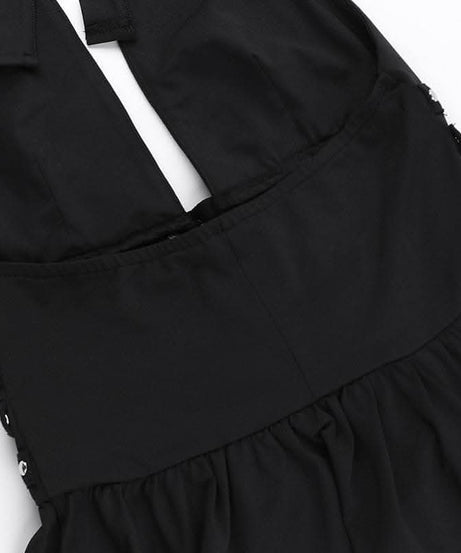 Rocker Chic Halter Top: Black Grommet Ruched Ruffle for Fall Nights