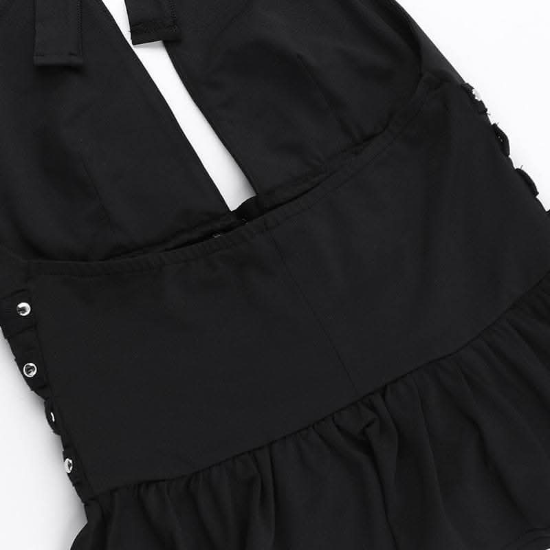 Rocker Chic Halter Top: Black Grommet Ruched Ruffle for Fall Nights