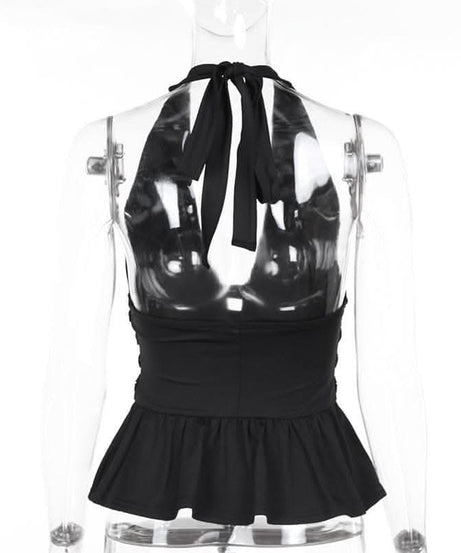Rocker Chic Halter Top: Black Grommet Ruched Ruffle for Fall Nights