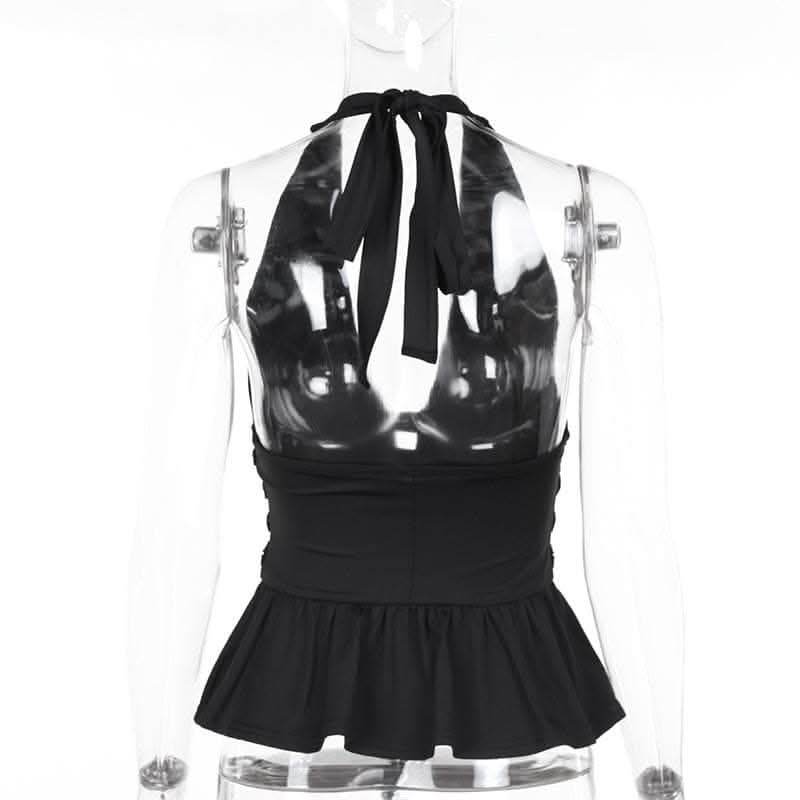 Rocker Chic Halter Top: Black Grommet Ruched Ruffle for Fall Nights