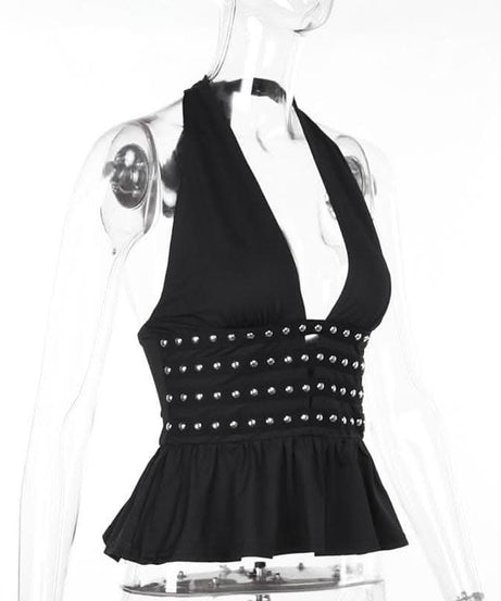 Rocker Chic Halter Top: Black Grommet Ruched Ruffle for Fall Nights
