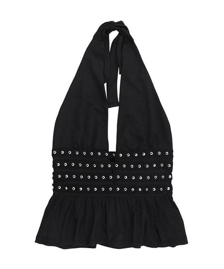 Rocker Chic Halter Top: Black Grommet Ruched Ruffle for Fall Nights