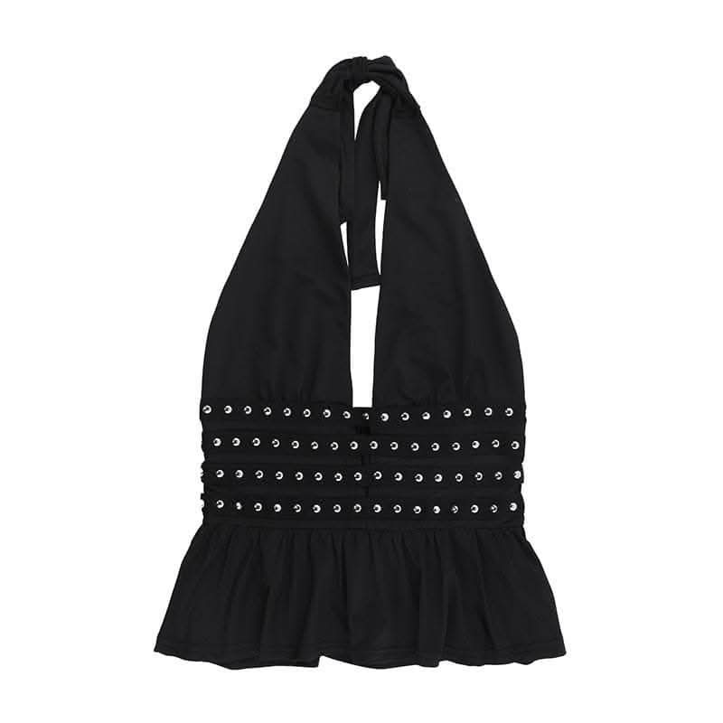 Rocker Chic Halter Top: Black Grommet Ruched Ruffle for Fall Nights