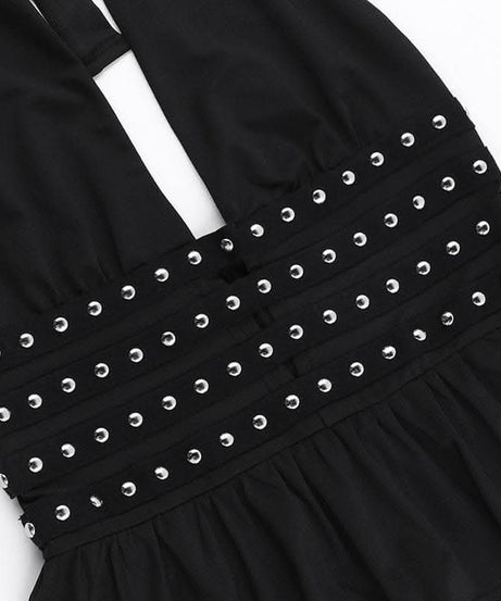 Rocker Chic Halter Top: Black Grommet Ruched Ruffle for Fall Nights