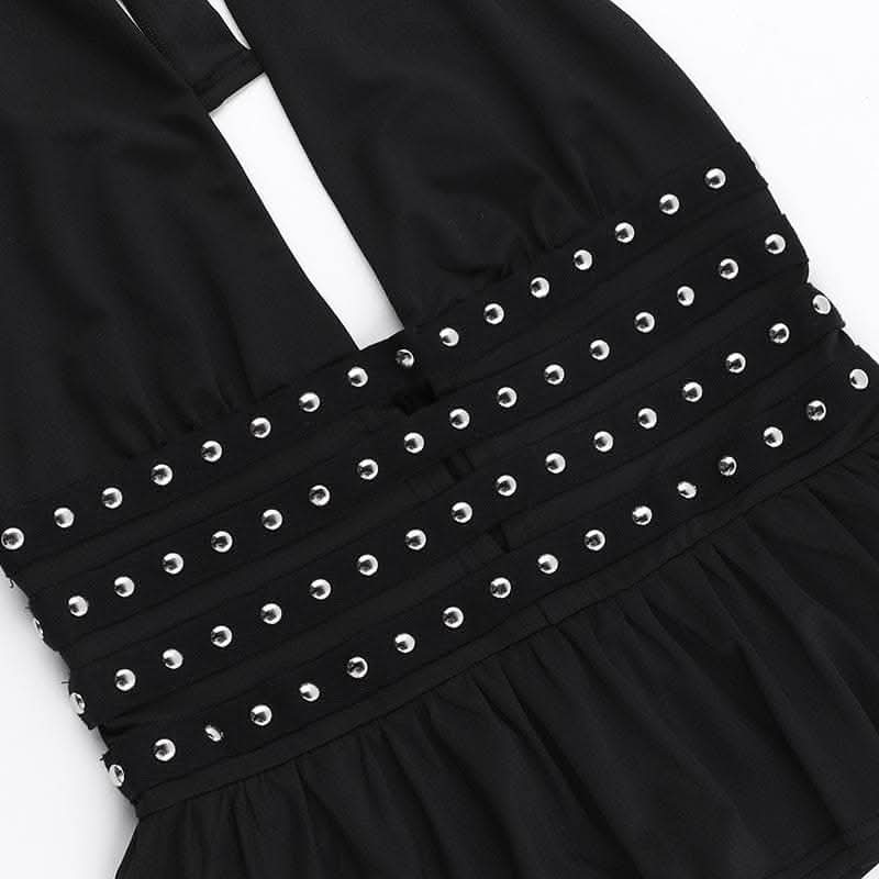 Rocker Chic Halter Top: Black Grommet Ruched Ruffle for Fall Nights