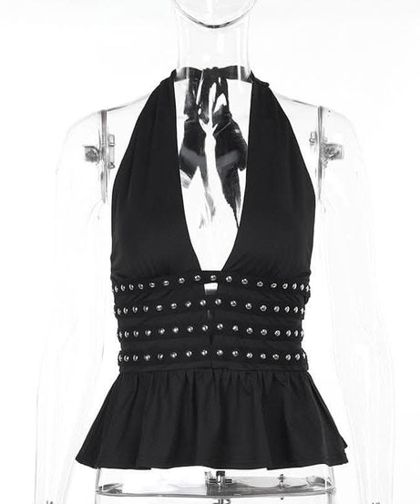 Rocker Chic Halter Top: Black Grommet Ruched Ruffle for Fall Nights