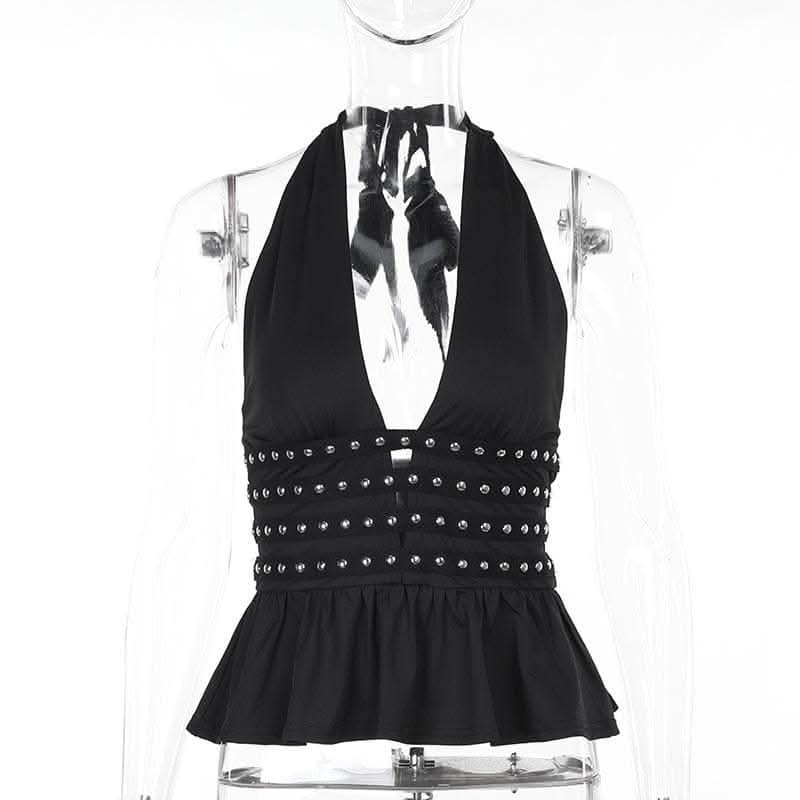Rocker Chic Halter Top: Black Grommet Ruched Ruffle for Fall Nights