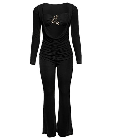 Fall & Holiday Glam: Chic Ruched Long Sleeve Jumpsuit with Statement Cutout & Flare