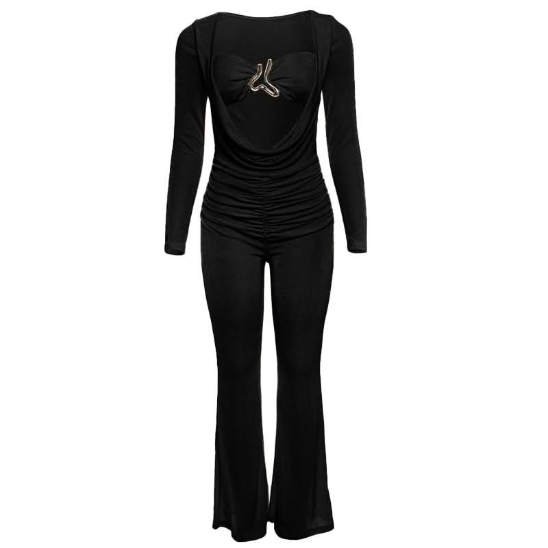 Fall & Holiday Glam: Chic Ruched Long Sleeve Jumpsuit with Statement Cutout & Flare