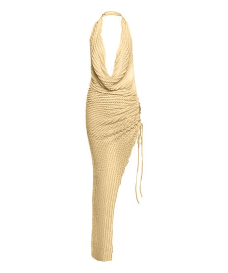 Chic Halter Cowl Neck Ruched Midi Dress - Your Go-To for Fall Events & Holiday Escapes