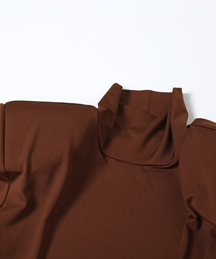 Autumn Glamour: Chocolate Brown Ruched Long Sleeve High-Neck Maxi Dress