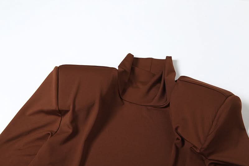 Autumn Glamour: Chocolate Brown Ruched Long Sleeve High-Neck Maxi Dress