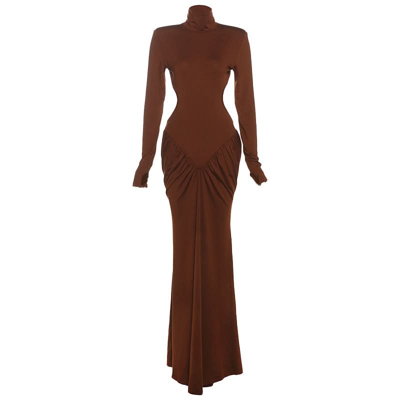 Autumn Glamour: Chocolate Brown Ruched Long Sleeve High-Neck Maxi Dress