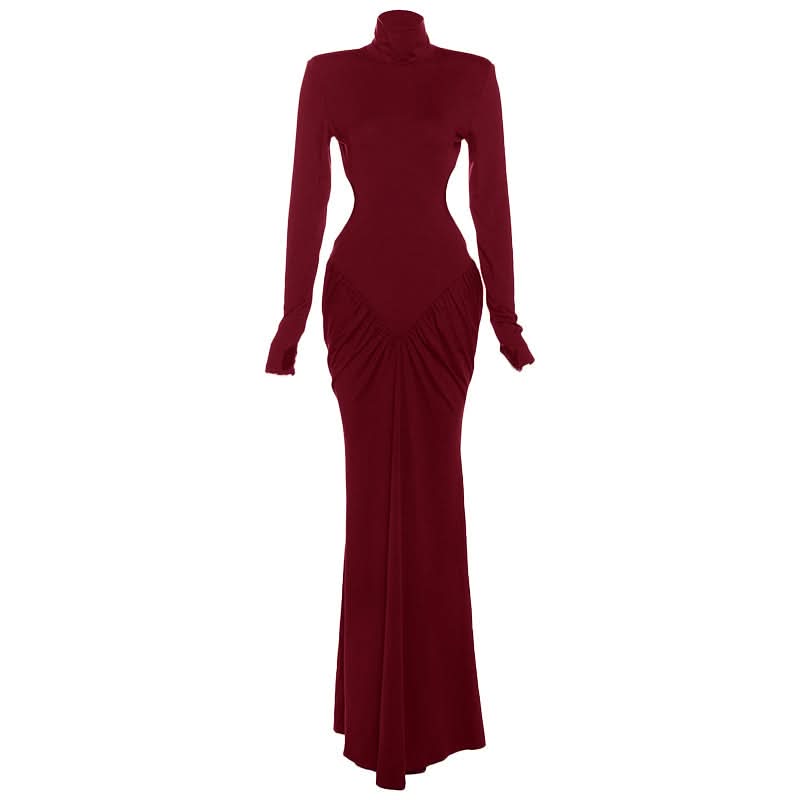 Autumn Glamour: Chocolate Brown Ruched Long Sleeve High-Neck Maxi Dress
