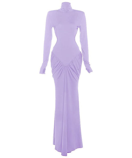 Autumn Glamour: Chocolate Brown Ruched Long Sleeve High-Neck Maxi Dress