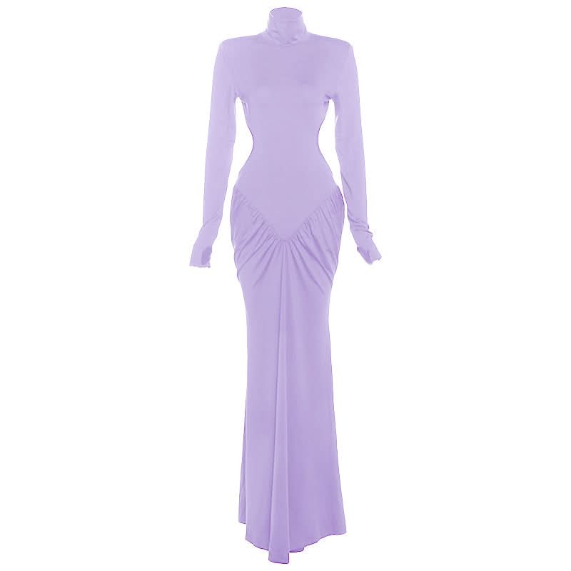 Autumn Glamour: Chocolate Brown Ruched Long Sleeve High-Neck Maxi Dress