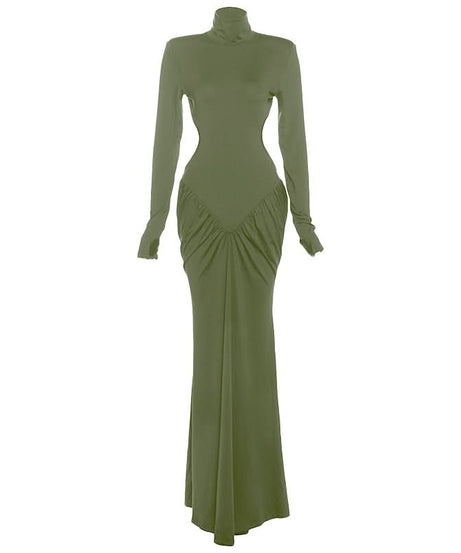 Autumn Glamour: Chocolate Brown Ruched Long Sleeve High-Neck Maxi Dress