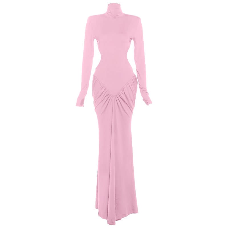 Autumn Glamour: Chocolate Brown Ruched Long Sleeve High-Neck Maxi Dress