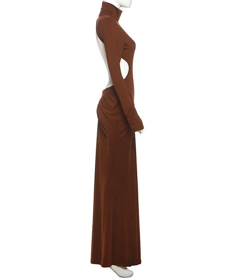 Autumn Glamour: Chocolate Brown Ruched Long Sleeve High-Neck Maxi Dress