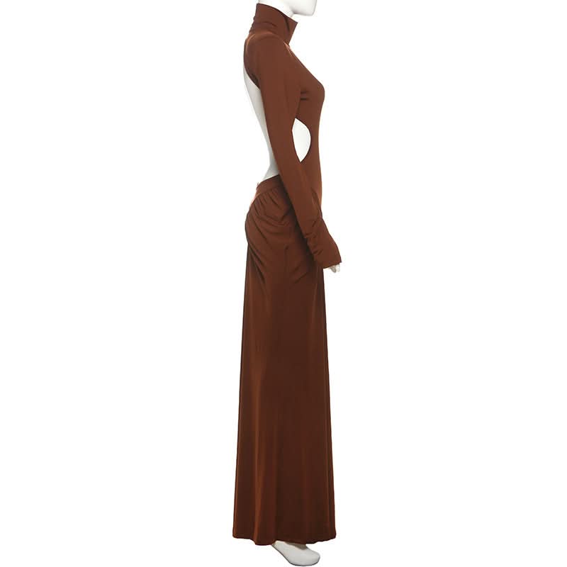 Autumn Glamour: Chocolate Brown Ruched Long Sleeve High-Neck Maxi Dress