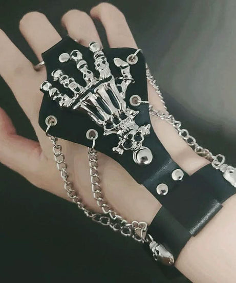 Spooky Chic Gothic Skeleton Hand & Skull Chain Fingerless Gloves - Halloween & Alt Fashion Arm Warmers