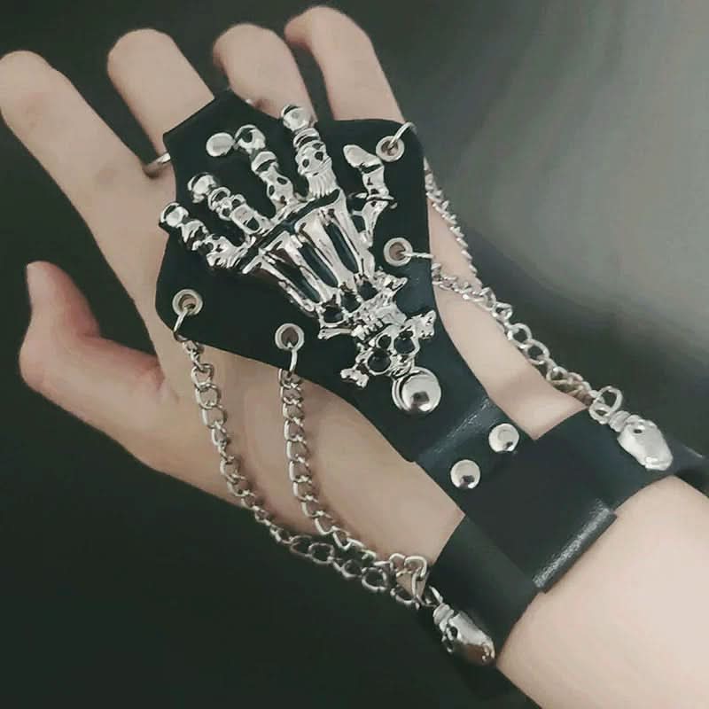 Spooky Chic Gothic Skeleton Hand & Skull Chain Fingerless Gloves - Halloween & Alt Fashion Arm Warmers