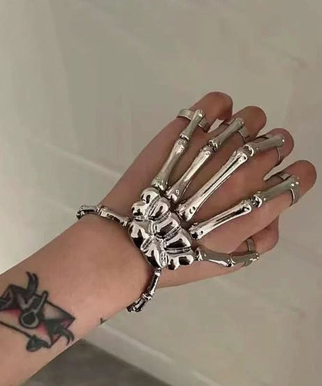Spooky Chic Gothic Skeleton Hand & Skull Chain Fingerless Gloves - Halloween & Alt Fashion Arm Warmers