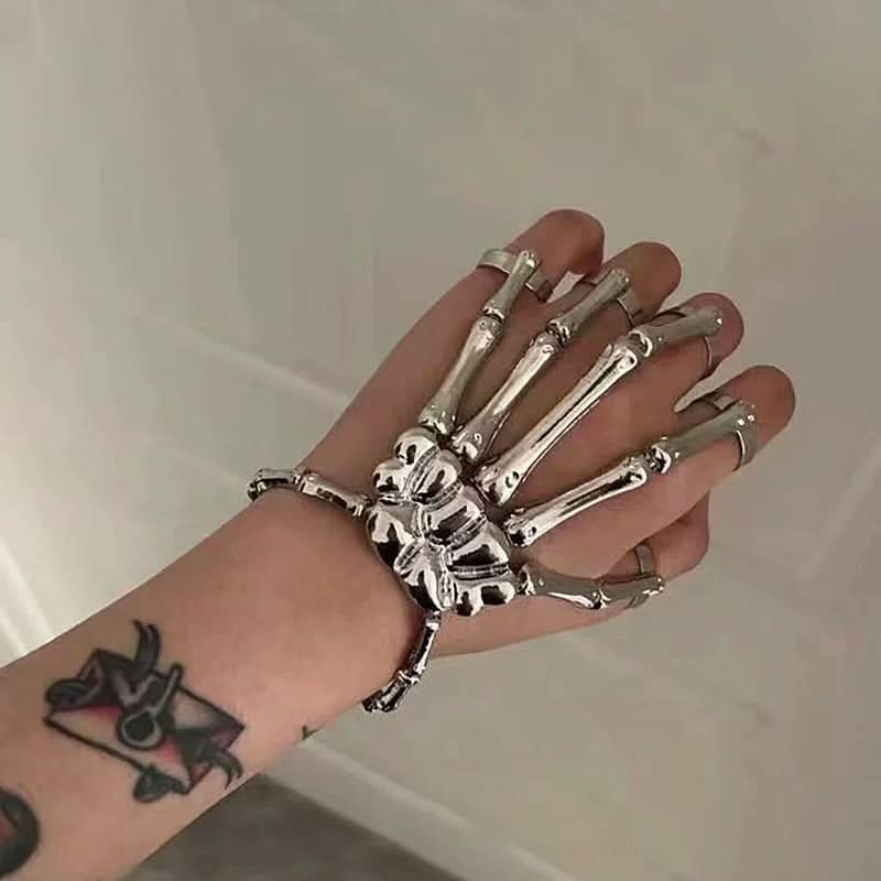 Spooky Chic Gothic Skeleton Hand & Skull Chain Fingerless Gloves - Halloween & Alt Fashion Arm Warmers